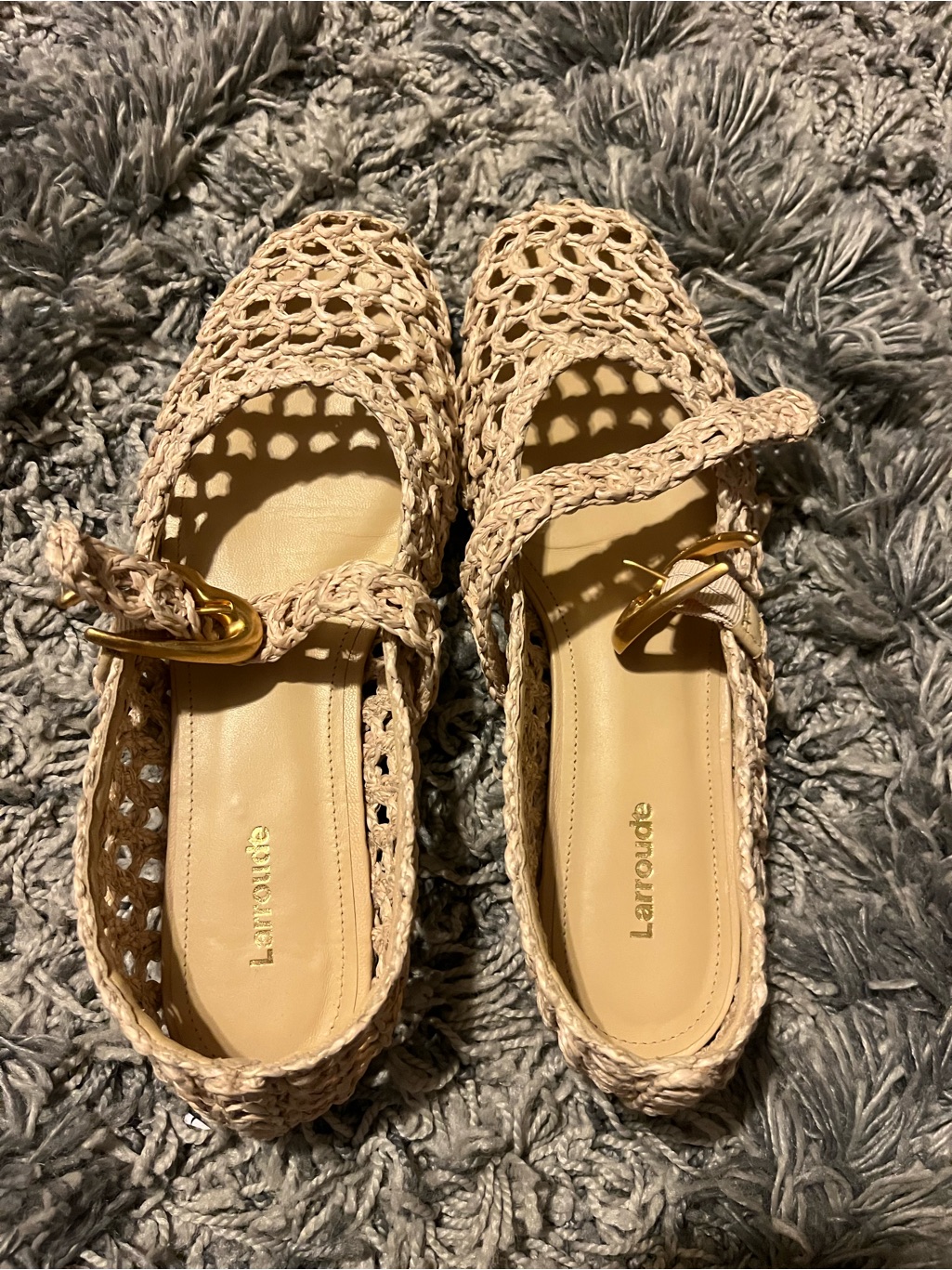 Larroude Natural Beige Crochet Mary Jane Flats With Gold Buckle